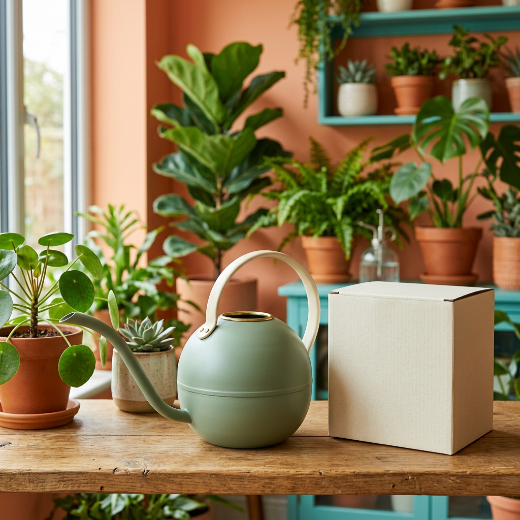 Sage Green Indoor Watering Can with a Long Narrow Spout and Contrasting Cream Arched Handle
