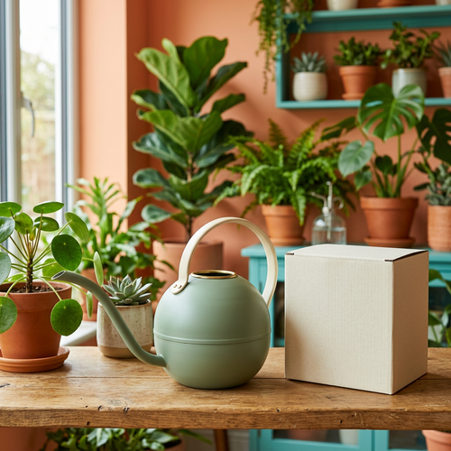 Sage Green Indoor Watering Can with a Long Narrow Spout and Contrasting Cream Arched Handle