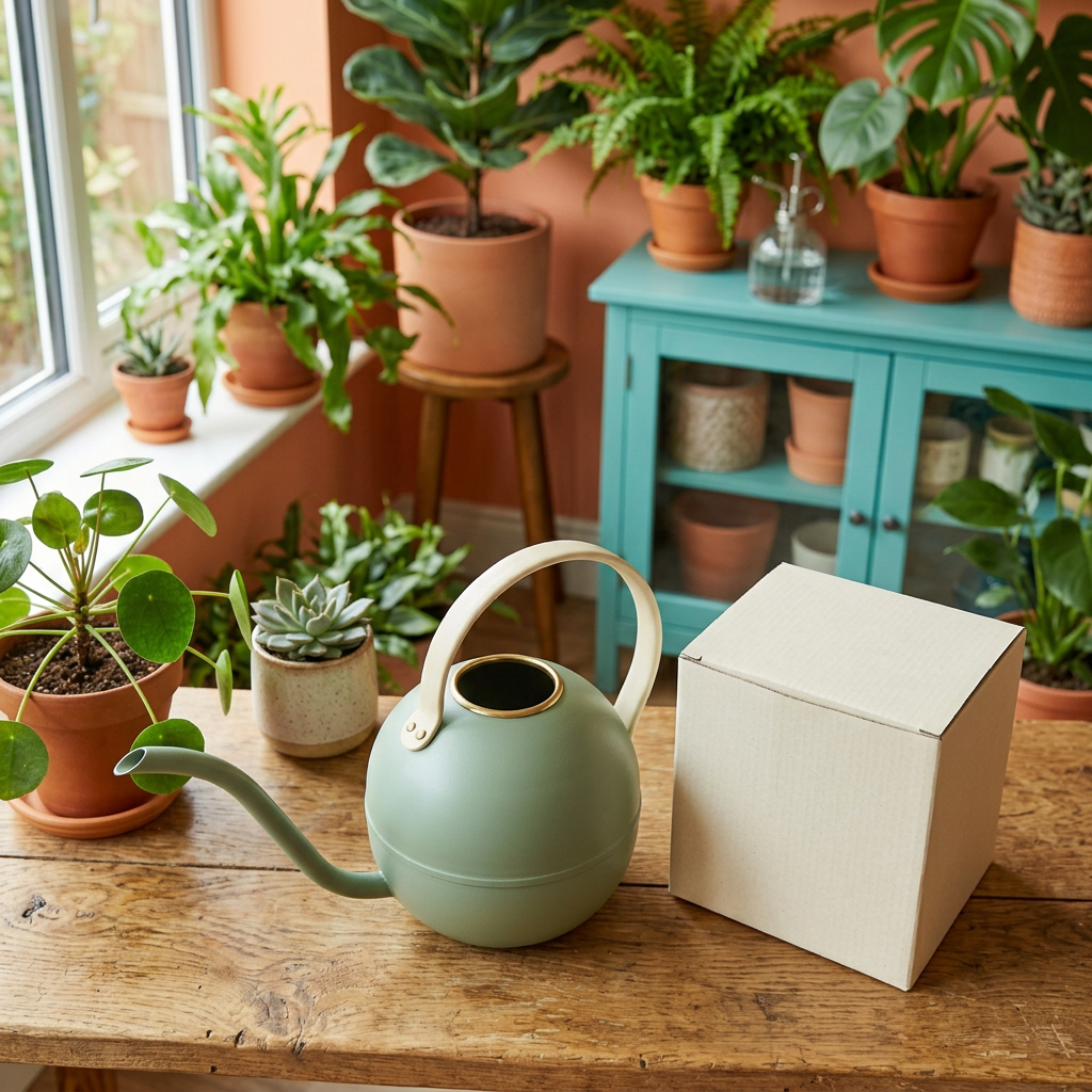 Sage Green Indoor Watering Can with a Long Narrow Spout and Contrasting Cream Arched Handle