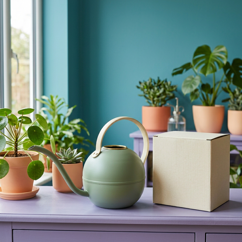 Sage Green Indoor Watering Can with a Long Narrow Spout and Contrasting Cream Arched Handle