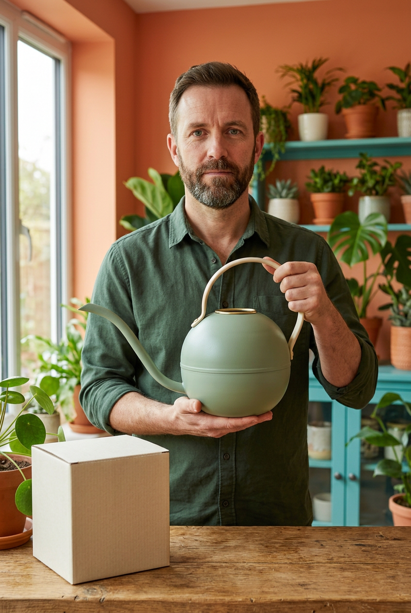 Sage Green Indoor Watering Can with a Long Narrow Spout and Contrasting Cream Arched Handle